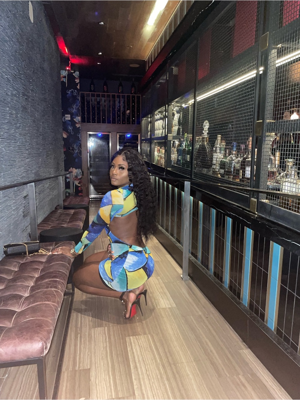 Fashion Nova Blue Teal Yellow Geometric Long-Sleeve Bodycon Dress